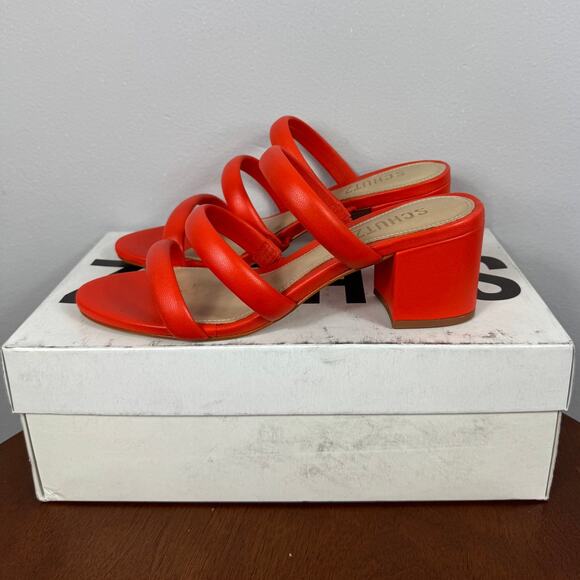 New Schutz Olly Mid Block Nappa Leather Sandal Bright Orange Size 6.5B - Picture 3 of 9